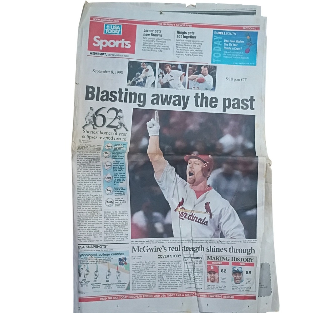 1998 USA TODAY Mark McGwire 62nd Home Run Newspaper St Louis Cardinals Baseball
